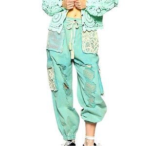 POL Teal Distressed Crochet Patch Cargo Joggers